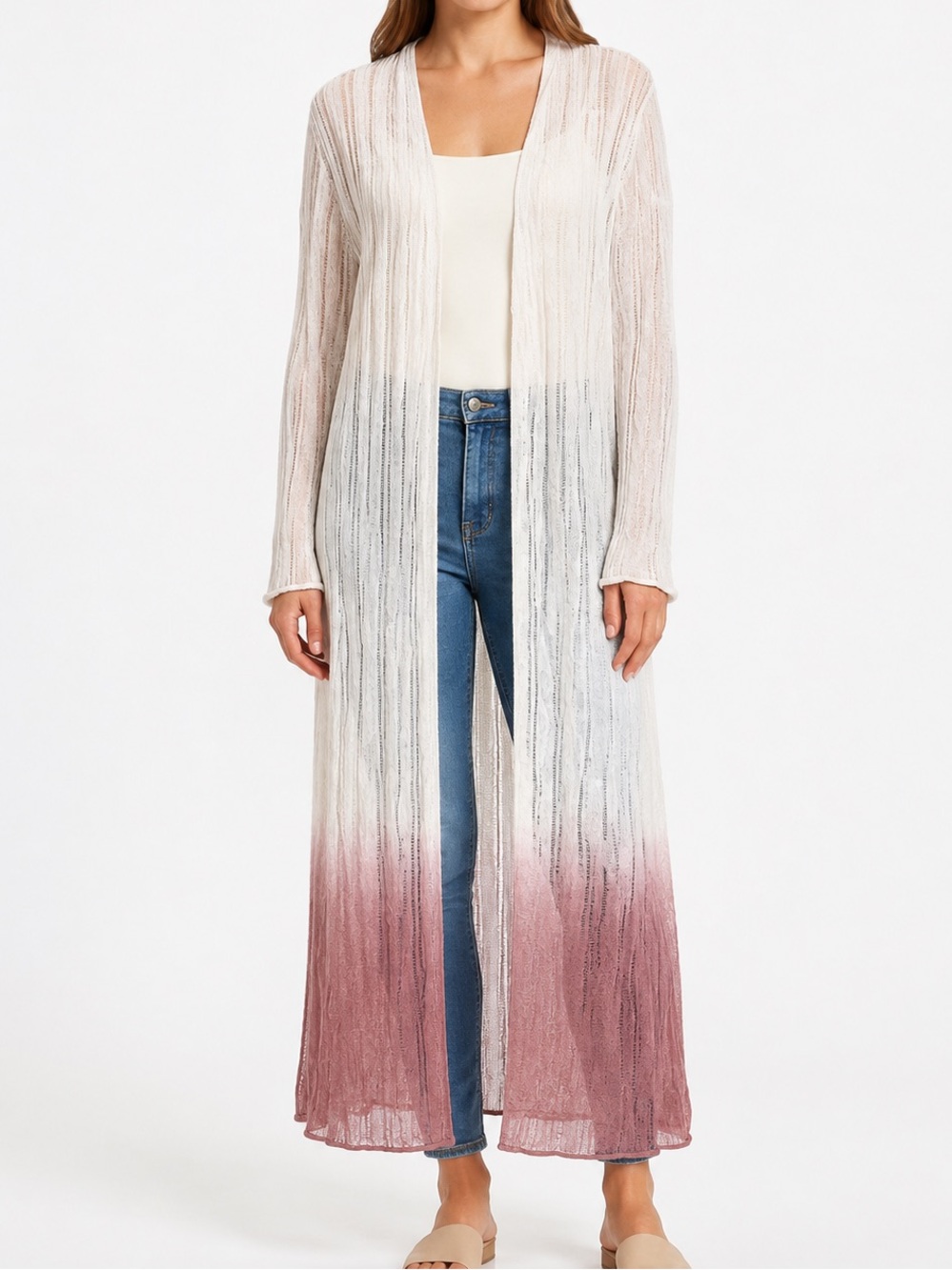 MarlaWynne Size L Linen Blend Ombre Open-Knit Long Duster Cardigan Ivory Mauve
